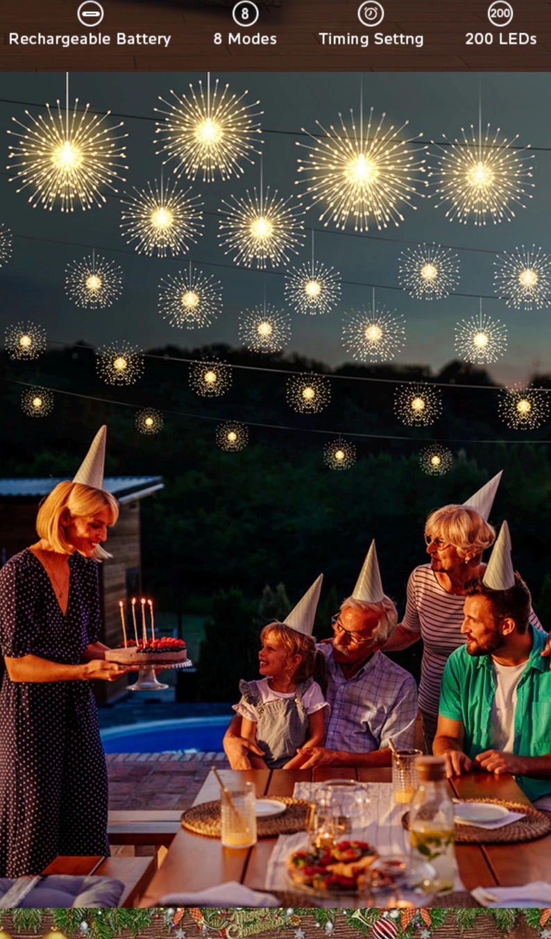 Firework Lights Waterproof Hanging, 200 LED Battery Operated Decorative String Lights Outdoor for Wedding, Party, Backyard, Patio Indoor
