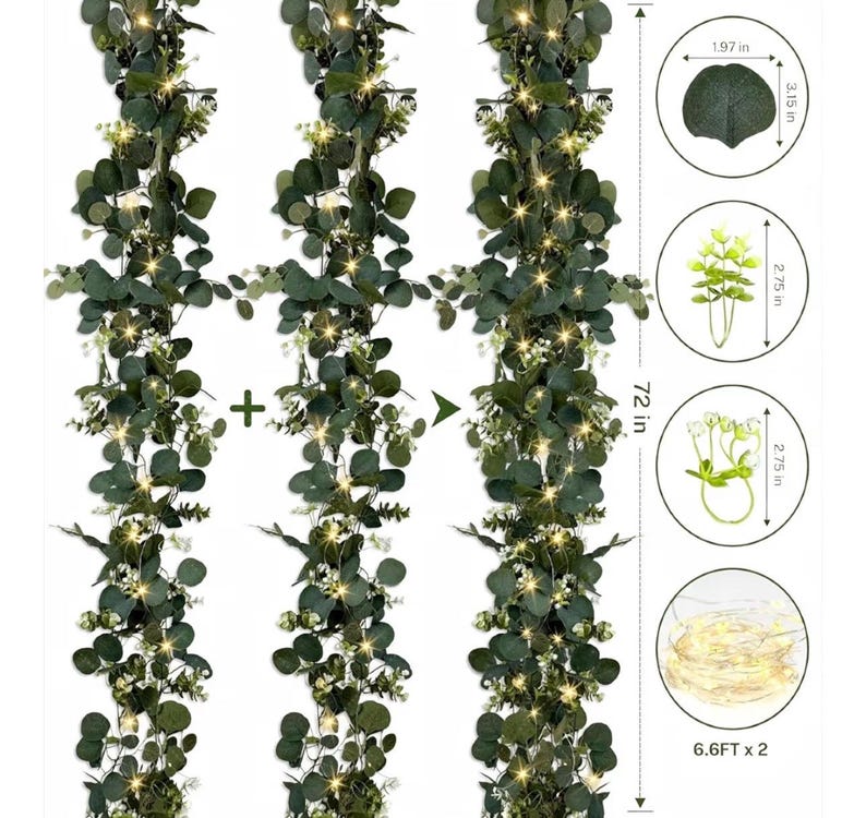 Eucalyptus Garland with Lights, 2 Packs 6FT Green Flower Garland Decor, Artificial Faux Eucalyptus Leaves Greenery Vines for Table Runner