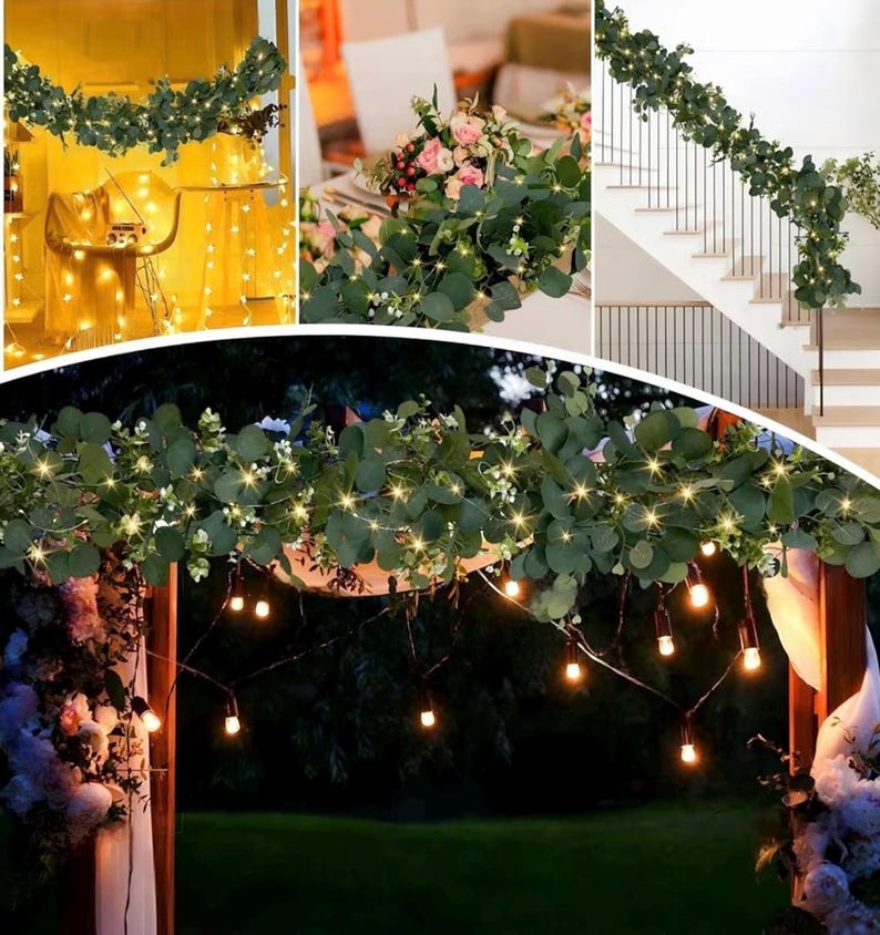 Eucalyptus Garland with Lights, 2 Packs 6FT Green Flower Garland Decor, Artificial Faux Eucalyptus Leaves Greenery Vines for Table Runner