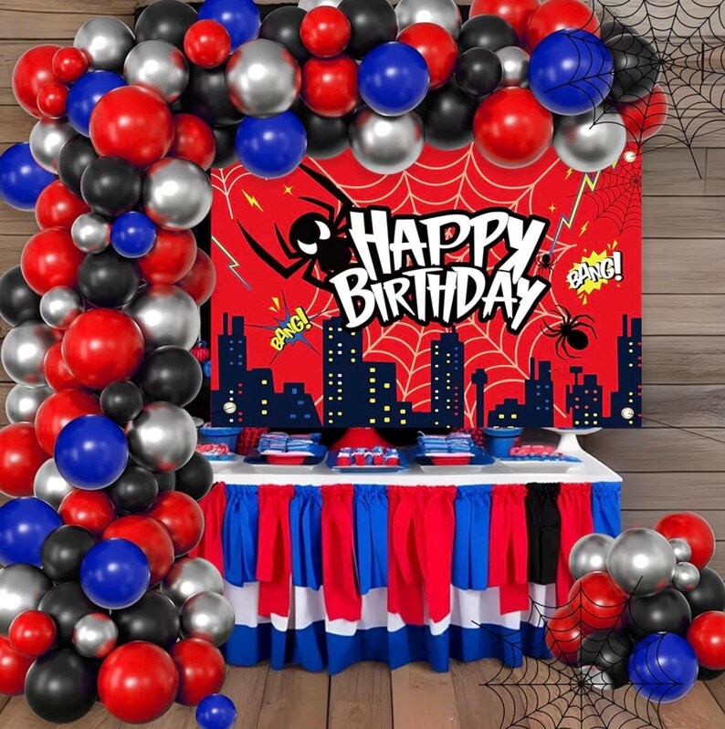 Red Theme Borthday Party Decorations Kit -Red Blue Black Latex Balloons Arch Garland with Web Backdrop for Boys Girls Kids