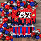 Red Theme Borthday Party Decorations Kit -Red Blue Black Latex Balloons Arch Garland with Web Backdrop for Boys Girls Kids