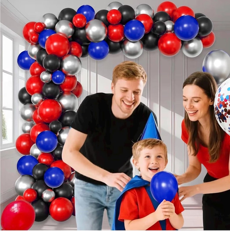 Red Theme Borthday Party Decorations Kit -Red Blue Black Latex Balloons Arch Garland with Web Backdrop for Boys Girls Kids