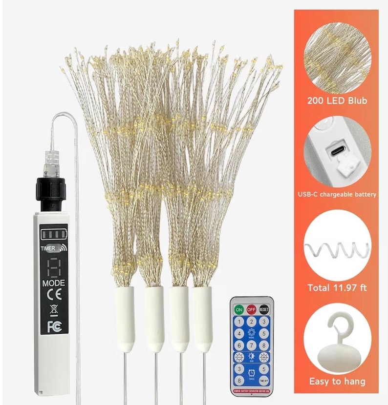 Firework Lights Waterproof Hanging, 200 LED Battery Operated Decorative String Lights Outdoor for Wedding, Party, Backyard, Patio Indoor