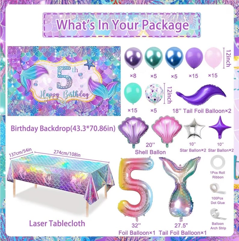 5th Birthday Decoration, 5th Mermaid Birthday Party Decorations, 5 Years Old Mermaid Party Background Banner Balloons Cake Topper
