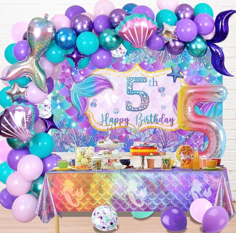 5th Birthday Decoration, 5th Mermaid Birthday Party Decorations, 5 Years Old Mermaid Party Background Banner Balloons Cake Topper