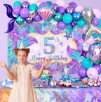 5th Birthday Decoration, 5th Mermaid Birthday Party Decorations, 5 Years Old Mermaid Party Background Banner Balloons Cake Topper