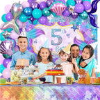 5th Birthday Decoration, 5th Mermaid Birthday Party Decorations, 5 Years Old Mermaid Party Background Banner Balloons Cake Topper