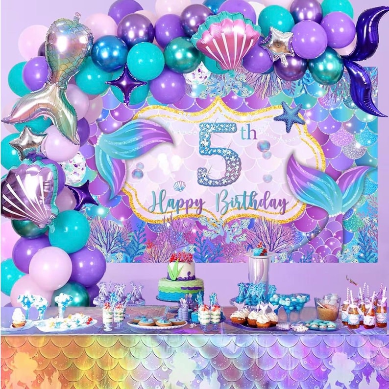 5th Birthday Decoration, 5th Mermaid Birthday Party Decorations, 5 Years Old Mermaid Party Background Banner Balloons Cake Topper