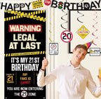 21st Birthday Party Decorations, Black Happy 21st Birthday Banner Backdrop Balloons Hanging Swirls for Her Him, Caution Logo Themed 21 Years