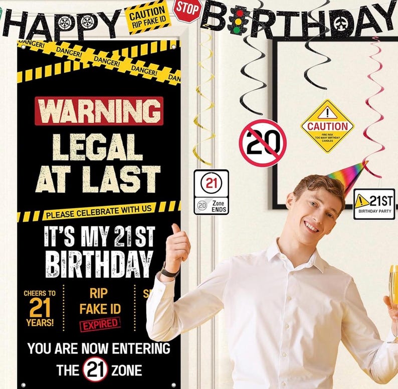 21st Birthday Party Decorations, Black Happy 21st Birthday Banner Backdrop Balloons Hanging Swirls for Her Him, Caution Logo Themed 21 Years