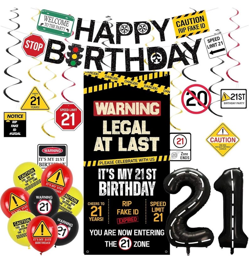 21st Birthday Party Decorations, Black Happy 21st Birthday Banner Backdrop Balloons Hanging Swirls for Her Him, Caution Logo Themed 21 Years