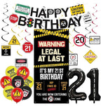 21st Birthday Party Decorations, Black Happy 21st Birthday Banner Backdrop Balloons Hanging Swirls for Her Him, Caution Logo Themed 21 Years