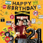 21st Birthday Party Decorations, Black Happy 21st Birthday Banner Backdrop Balloons Hanging Swirls for Her Him, Caution Logo Themed 21 Years