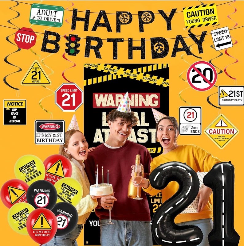 21st Birthday Party Decorations, Black Happy 21st Birthday Banner Backdrop Balloons Hanging Swirls for Her Him, Caution Logo Themed 21 Years