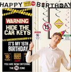 16th Birthday Decorations Boys Girls, Hide The Car Keys Happy 16th Birthday Banner Backdrop Balloons Hanging Swirls, Caution Logo Themed 16