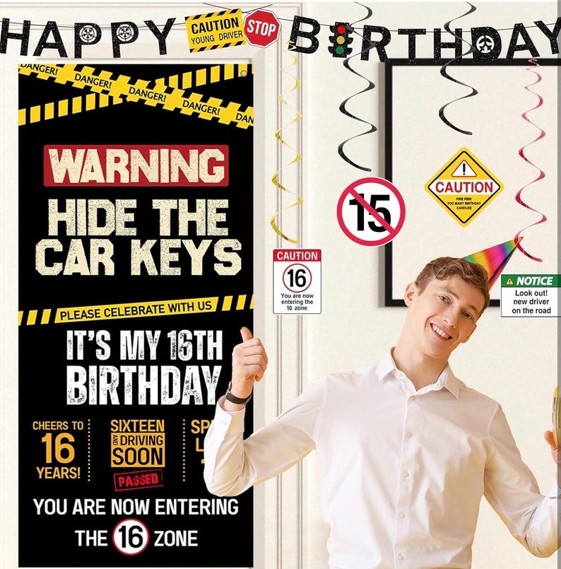 16th Birthday Decorations Boys Girls, Hide The Car Keys Happy 16th Birthday Banner Backdrop Balloons Hanging Swirls, Caution Logo Themed 16