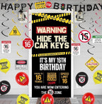 16th Birthday Decorations Boys Girls, Hide The Car Keys Happy 16th Birthday Banner Backdrop Balloons Hanging Swirls, Caution Logo Themed 16