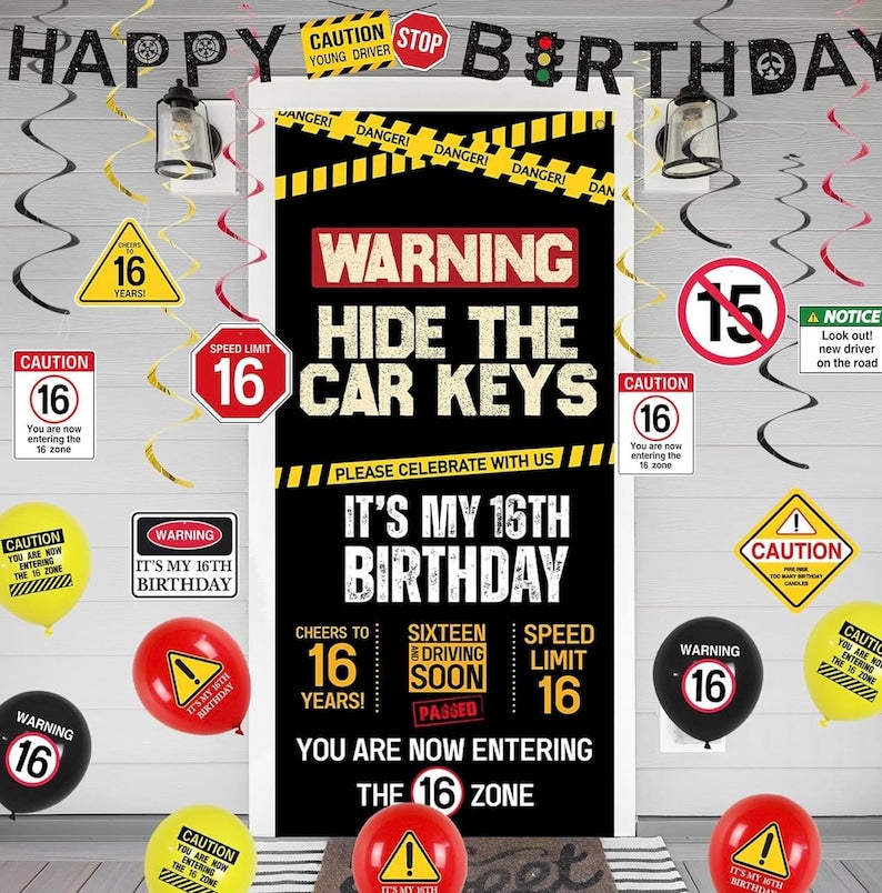16th Birthday Decorations Boys Girls, Hide The Car Keys Happy 16th Birthday Banner Backdrop Balloons Hanging Swirls, Caution Logo Themed 16