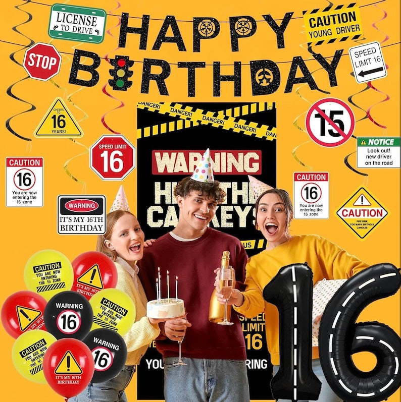 16th Birthday Decorations Boys Girls, Hide The Car Keys Happy 16th Birthday Banner Backdrop Balloons Hanging Swirls, Caution Logo Themed 16