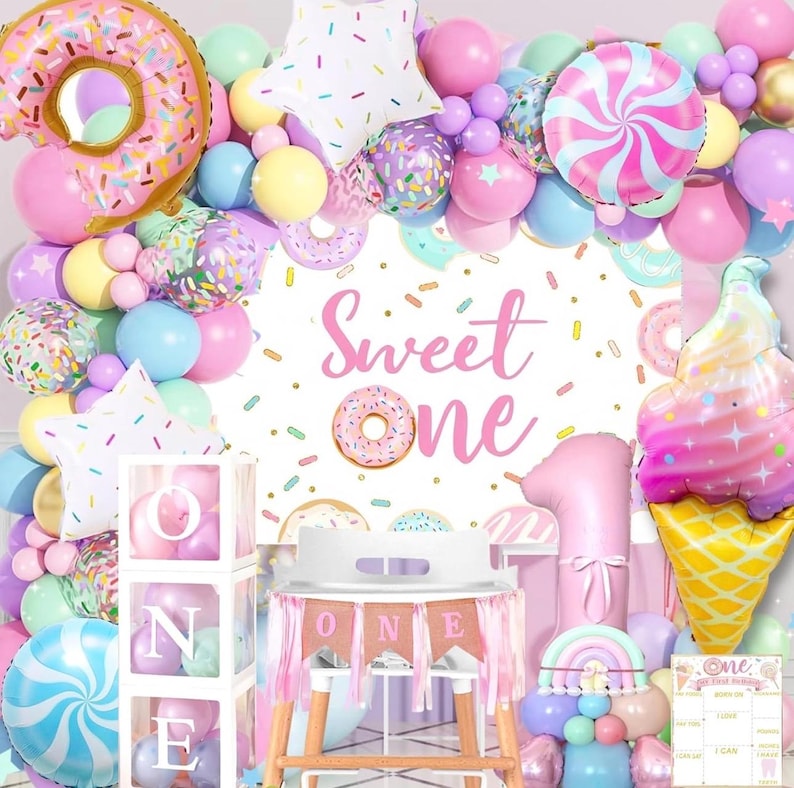 1st Birthday Decorations for Girl, 128pcs Sweet One Birthday Party Decorations, Balloon Boxes,Party Backdrop, Photo Banner, Donuts Ice Cream