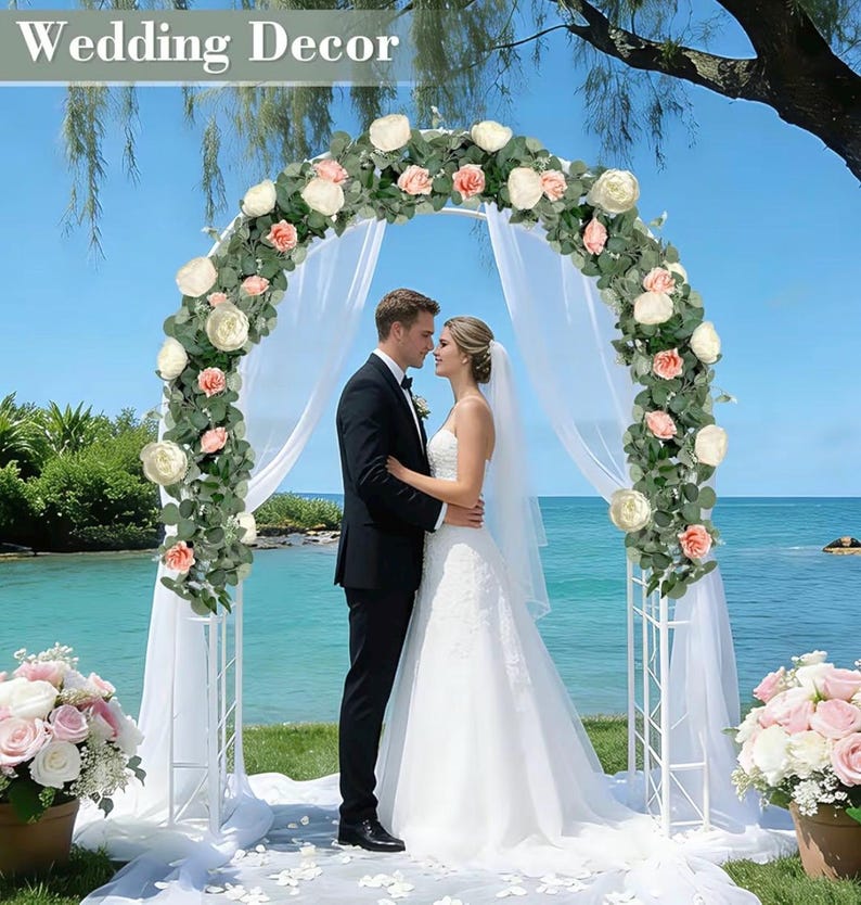 2 Pack 13Ft Artificial Eucalyptus Flower Garland with Peony Pink Rose, Baby Breath Fake Flowers Greenery Garland Floral Vine for Wedding