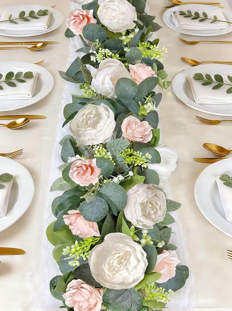 2 Pack 13Ft Artificial Eucalyptus Flower Garland with Peony Pink Rose, Baby Breath Fake Flowers Greenery Garland Floral Vine for Wedding