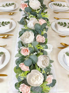 2 Pack 13Ft Artificial Eucalyptus Flower Garland with Peony Pink Rose, Baby Breath Fake Flowers Greenery Garland Floral Vine for Wedding