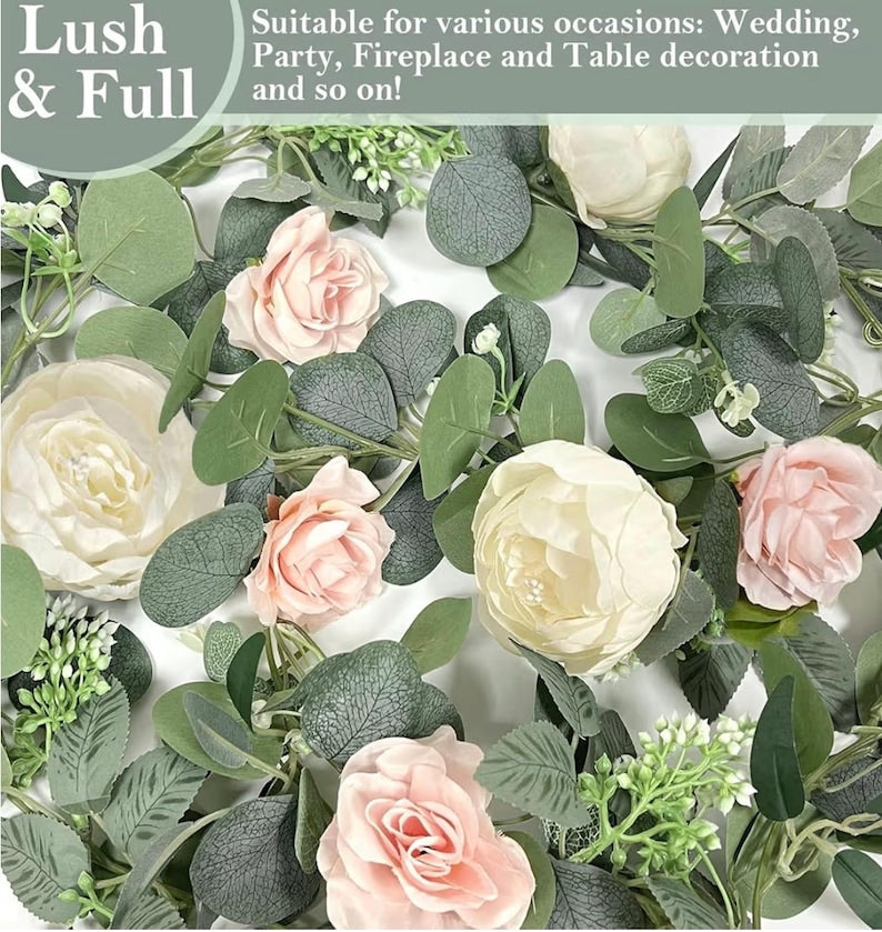 2 Pack 13Ft Artificial Eucalyptus Flower Garland with Peony Pink Rose, Baby Breath Fake Flowers Greenery Garland Floral Vine for Wedding