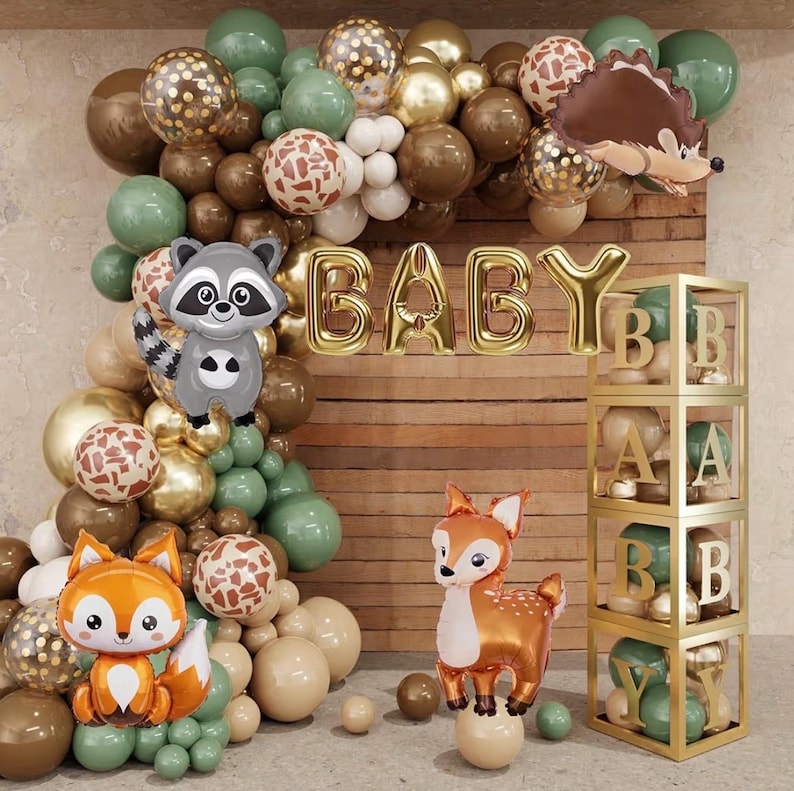 137pcs Woodland Animals Baby Shower Decoration Boxes Sage Green Brown Balloon Garland Arch Kit Woodland Themed Animal Foil Balloons