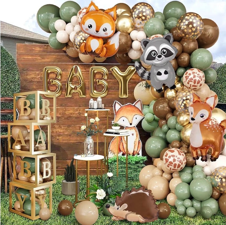 137pcs Woodland Animals Baby Shower Decoration Boxes Sage Green Brown Balloon Garland Arch Kit Woodland Themed Animal Foil Balloons