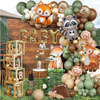 137pcs Woodland Animals Baby Shower Decoration Boxes Sage Green Brown Balloon Garland Arch Kit Woodland Themed Animal Foil Balloons