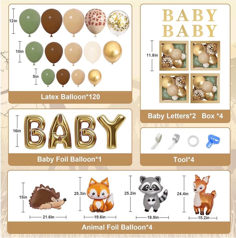 137pcs Woodland Animals Baby Shower Decoration Boxes Sage Green Brown Balloon Garland Arch Kit Woodland Themed Animal Foil Balloons