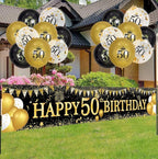 50th Birthday Decorations - Black Gold 50th Birthday Banner and Balloons for Indoor/Outdoor Parties