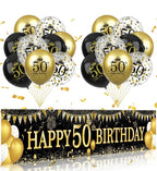 50th Birthday Decorations - Black Gold 50th Birthday Banner and Balloons for Indoor/Outdoor Parties