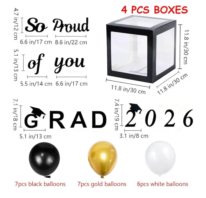 Graduation Decorations 2026 Set of 4 Boxes with 20pcs Balloons and Letters 2026 GRAD So Proud of You - Class of 2026 Party Supplies