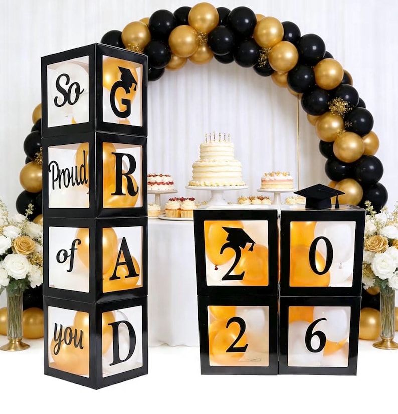 Graduation Decorations 2026 Set of 4 Boxes with 20pcs Balloons and Letters 2026 GRAD So Proud of You - Class of 2026 Party Supplies