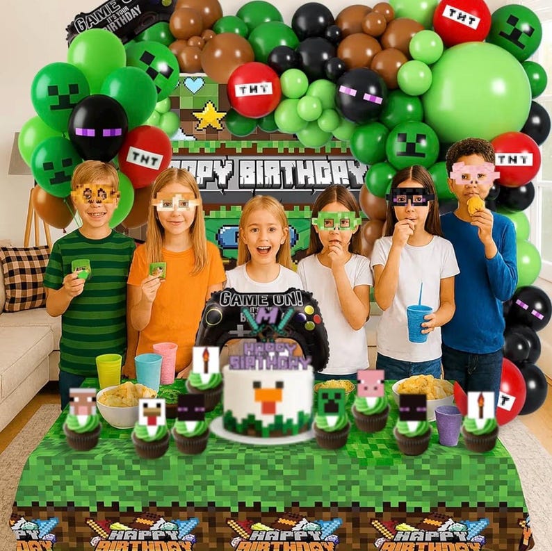 Pixel Game Birthday Party Decorations, “Game On” Pixel Theme Party Supplies Kit for Boys & Girls —131 Pcs Balloons, Backdrop, Curtain