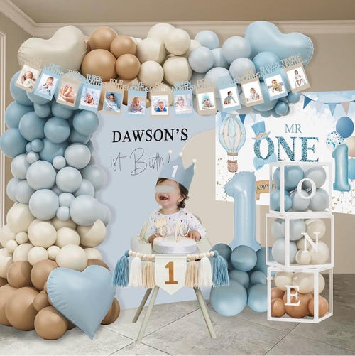 1st Birthday Decorations for Boy, First Birthday Party Supplies, Baby Boy First Bday Decorations, Balloon Boxes, Backdrop, High Chair Banner