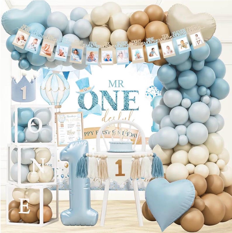1st Birthday Decorations for Boy, First Birthday Party Supplies, Baby Boy First Bday Decorations, Balloon Boxes, Backdrop, High Chair Banner