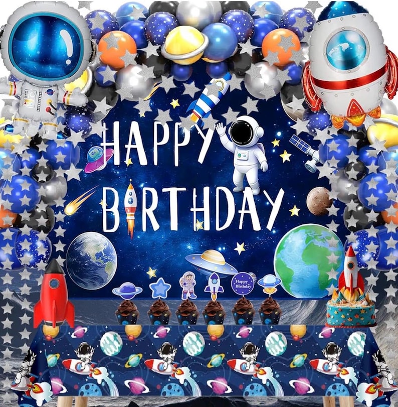 96pcs Outer Space Astronaut Party Decorations - Galaxy Themed Party Supplies Happy Birthday Backdrop,Tablecloth,Star Garland,Balloons Rocket