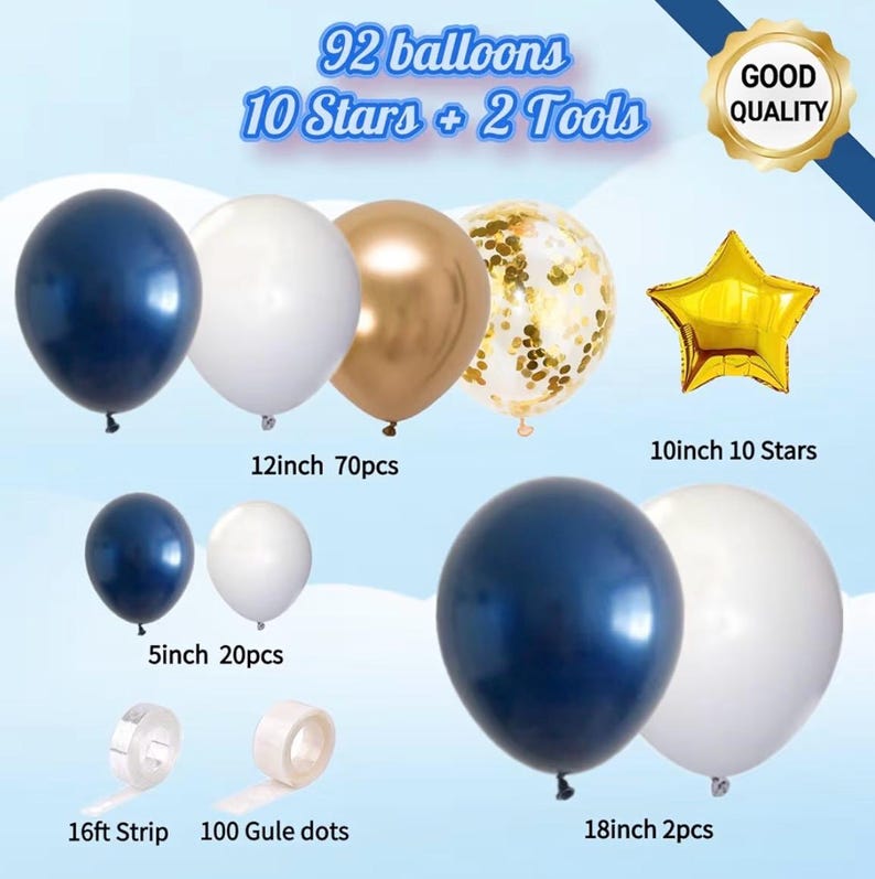 Navy Blue Balloon Garland Kit - 102pcs Blue and White Balloons with Gold and Star Foil Balloons - Party Decoration Arch for Graduation 2026