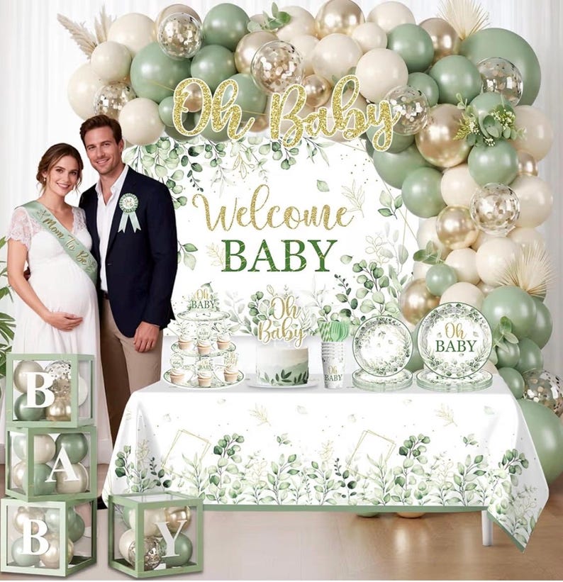 286 Pcs Sage Green Baby Shower Decorations Set-Serves 25 Guests -All-in-One Gender Neutral Party Supplies Kit Includes Balloon Arch,Backdrop