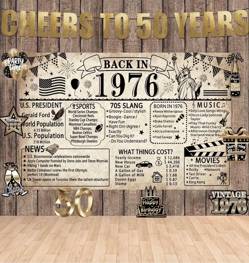 50th Birthday Decorations Back in 1976, Vintage Birthday Backdrop with Banner and Hanging Swirls, 1976 Birthday Party Decorations for 50th