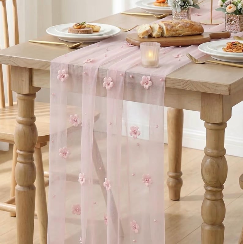 Pink Flower Pearl Pink Gauze Table Runner 10FT, Seasonal Sheer Dining Holiday Wedding Birthday Baby Shower Table Decor for Home Party