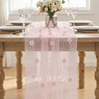 Pink Flower Pearl Pink Gauze Table Runner 10FT, Seasonal Sheer Dining Holiday Wedding Birthday Baby Shower Table Decor for Home Party