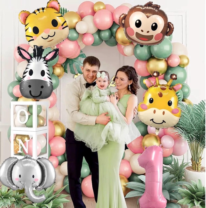Wild One Birthday Decorations Jungle Theme 1st First Birthday Decorations Girl Huge Jungle Safari Animal Foil Balloons Pink Sage Green