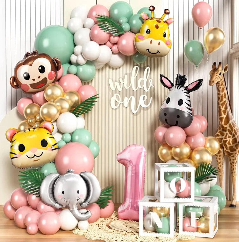 Wild One Birthday Decorations Jungle Theme 1st First Birthday Decorations Girl Huge Jungle Safari Animal Foil Balloons Pink Sage Green