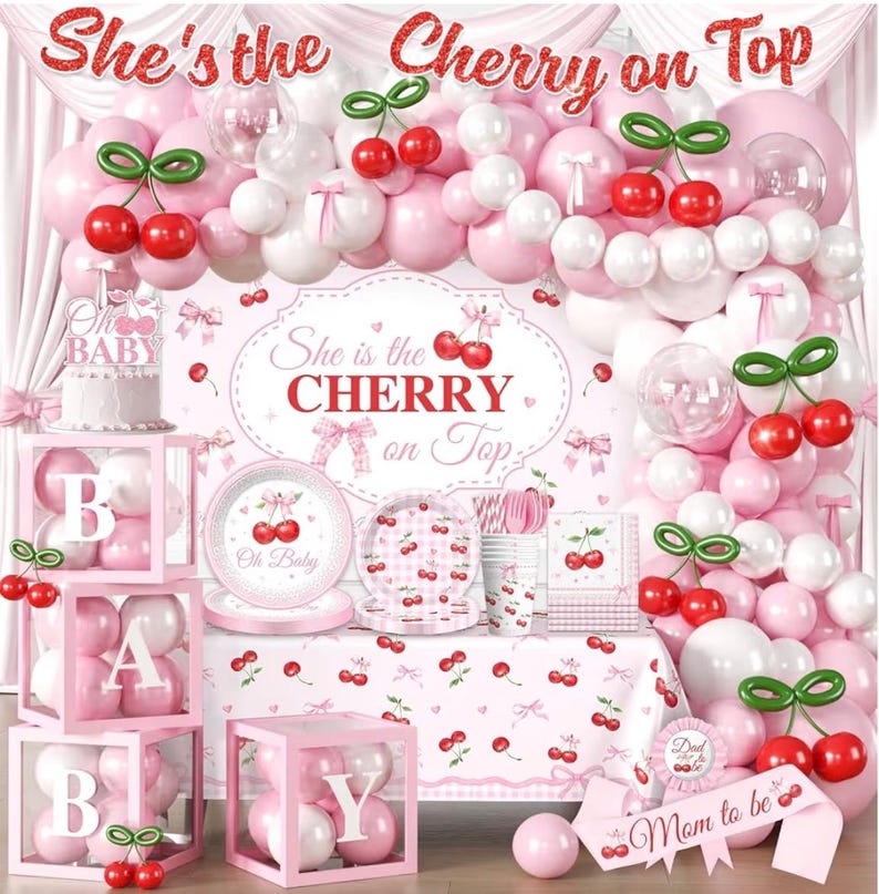Cherry Baby Shower Party Decorations, Shes the Cherry on Top Baby Shower Decorations Girl, Pink and Red Cherry Balloons Arch, Backdrop