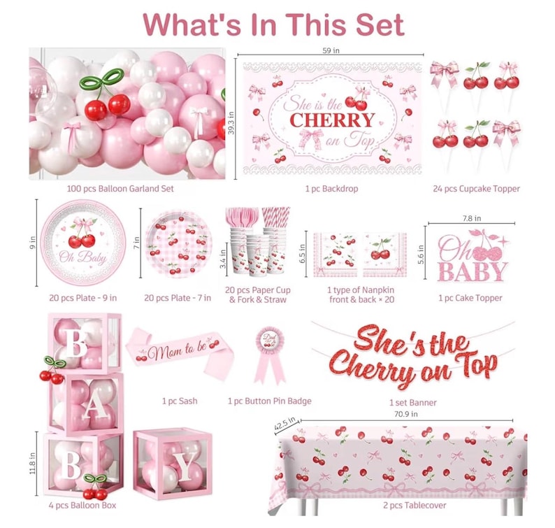 Cherry Baby Shower Party Decorations, Shes the Cherry on Top Baby Shower Decorations Girl, Pink and Red Cherry Balloons Arch, Backdrop