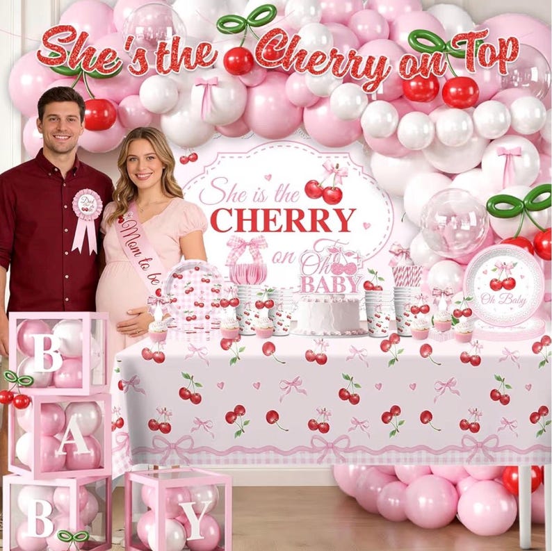 Cherry Baby Shower Party Decorations, Shes the Cherry on Top Baby Shower Decorations Girl, Pink and Red Cherry Balloons Arch, Backdrop
